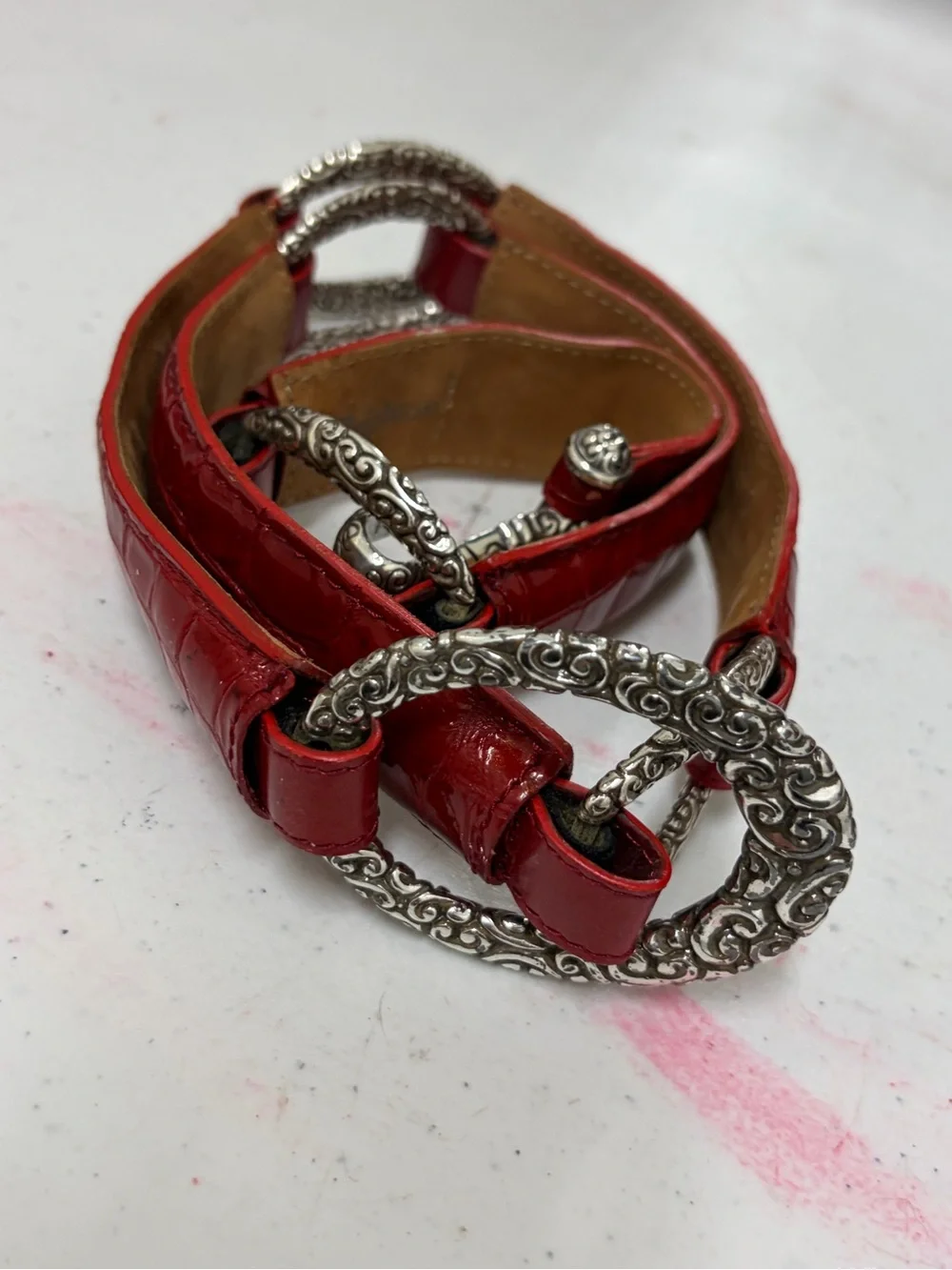 VTG Brighton Red Patent Leather Belt with Ornate Silver Buckles